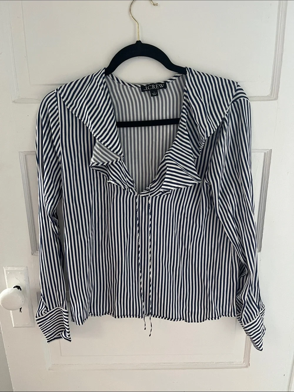 J. Crew Navy and White Striped Ruffle Collar Blouse